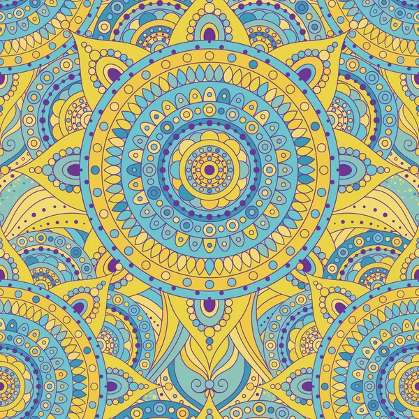 Tribal Vintage Ethnic Seamless Pattern Mandalas Blue Yellow Oriental Tiled — Vector de stock