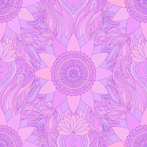 Seamless Boho Pattern Stylized Floral Background Pink Lotus Flowers Mandala — стоковый вектор