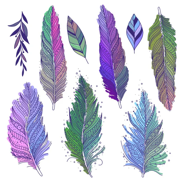 Plumes Multicolores Colorées Feuilles Isolées Art Dessiné Main Style Boho — Image vectorielle