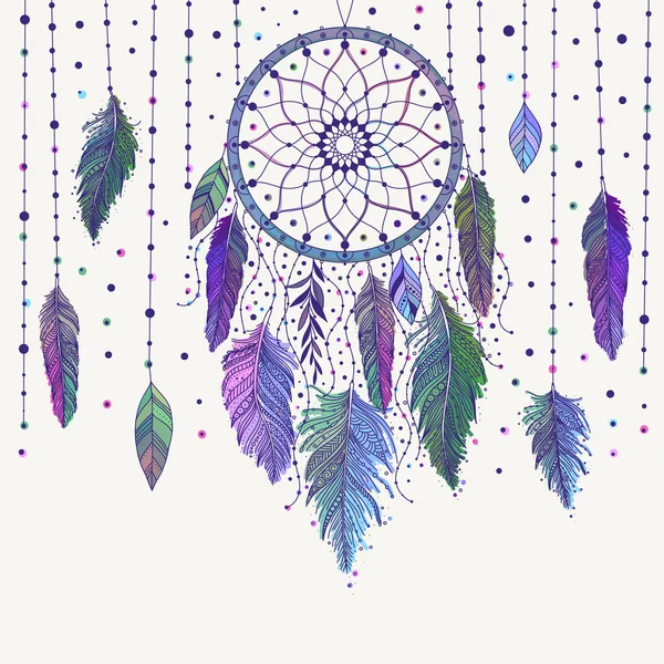 Colorido Mão Desenhado Dreamcatcher Com Detalhes Florais Penas Ilustração Vetorial — Vetor de Stock