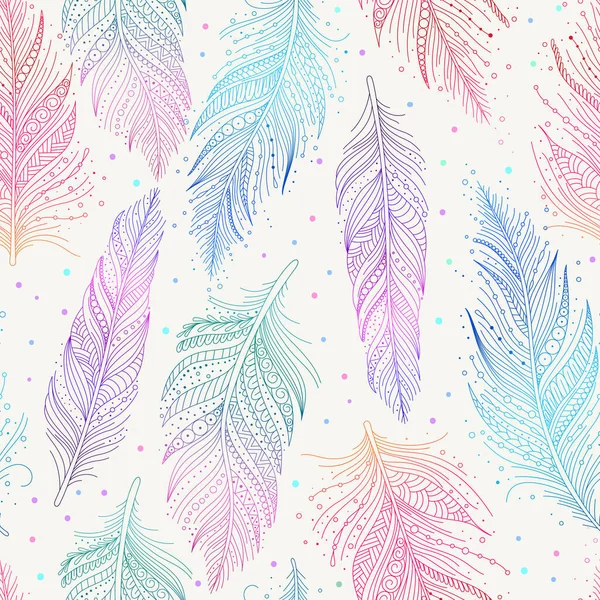 Pink Blue Green Violet Feathers White Background Seamless Pattern Hand — Stockvector