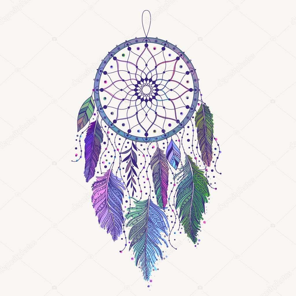 Hand drawn dreamcatcher with colored feathers. Ethnic art with native American Indian boho design, mystery symbol, tribal gypsy poster or card. Vector illustration of dream catcher.