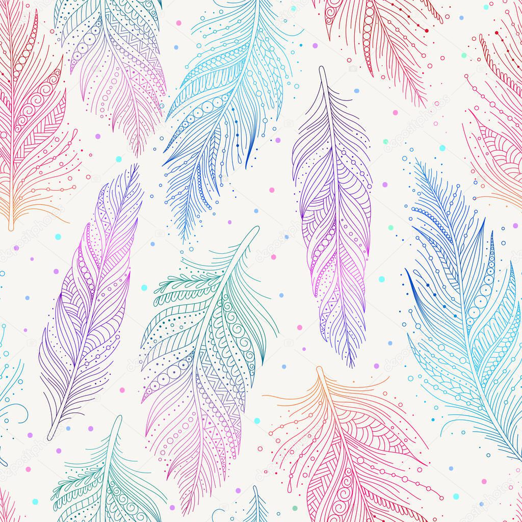 Pink, blue, green and violet feathers on white background seamless pattern, hand drawn art, boho style, vector illustration.