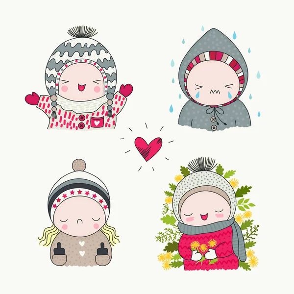 Lindo Niño Conjunto Personajes Dibujados Mano Con Diferentes Emociones Dibujos — Vector de stock