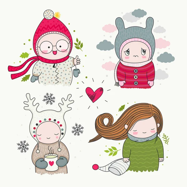 Set Personaggi Carini Disegnati Mano Bambini Con Emozioni Diverse Felice — Vettoriale Stock
