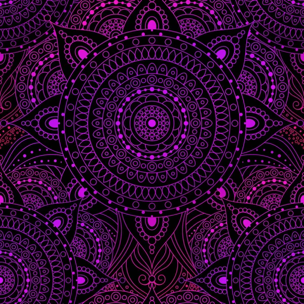 Naadloos Patroon Kantpatroon Met Verloop Roze Violet Mandala Zwarte Achtergrond — Stockvector