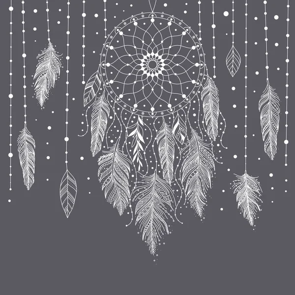 Gray White Hand Drawn Dreamcatcher Floral Details Feathers Vektorové Ilustrace — Stockový vektor