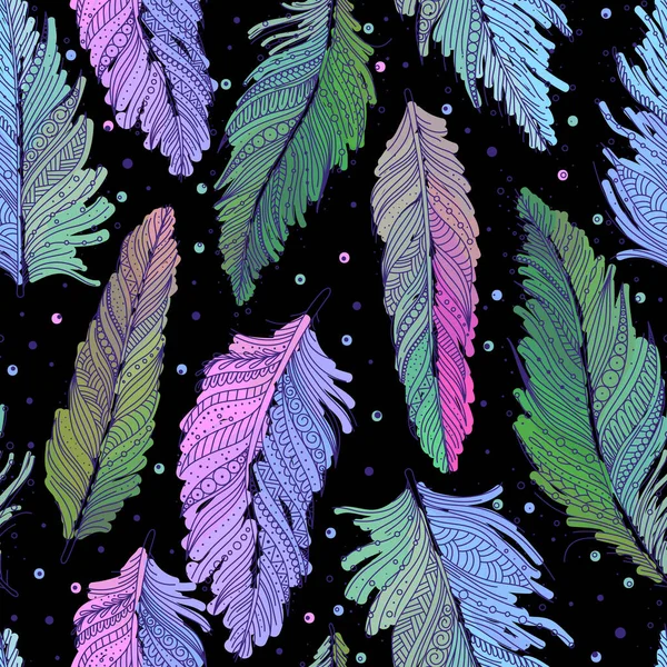 Colorful Multicolored Feathers Black Background Seamless Pattern Hand Drawn Art — ストックベクタ