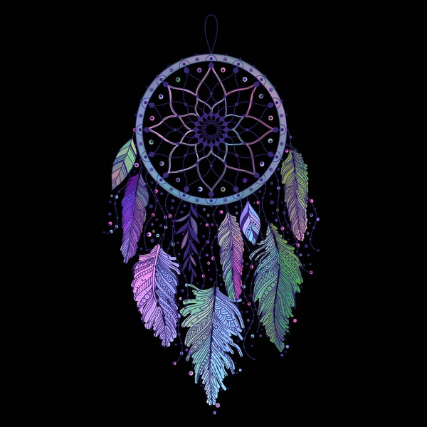 Dreamcatcher Colorful Feathers Black Background Ethnic Art Native American Indian — стоковый вектор