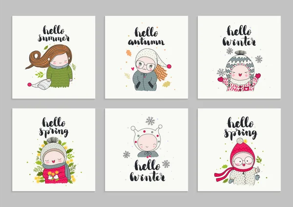 Set Invitations Cards Posters Children Cute Beanies Hand Drawn Lettering — 图库矢量图片