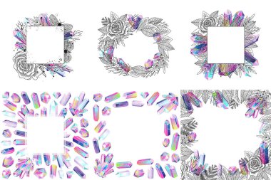 Set of romantic foliage frames with rose, moths and crystals isolated. Black and white floral elements, flowers, gradient multicolored gems. Vector illustration.