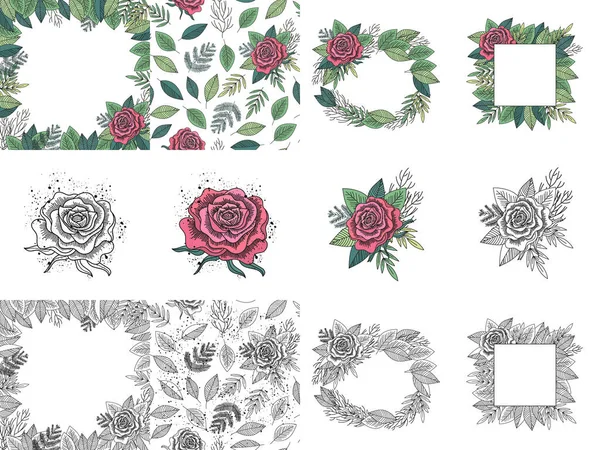 Set Floral Design Elements Wreaths Seamless Patterns Red Rose Leaves — Vetor de Stock