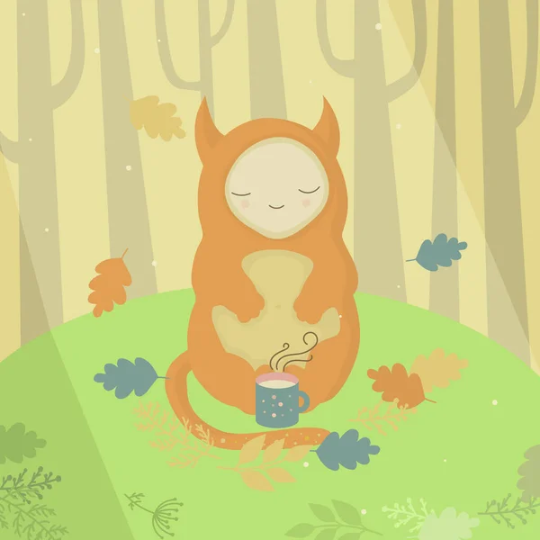Cute Ginger Monster Mug Tea Autumn Wood Vector Illustration — ストックベクタ