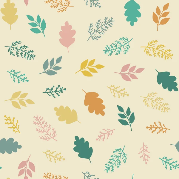 Seamless Pattern Scattered Green Yellow Pink Leaves Branches Cartoon Kids — Vector de stock