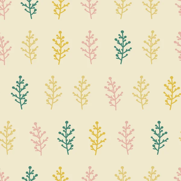 Seamless Pattern Green Yellow Pink Branches Plants Cartoon Kids Vector — Wektor stockowy