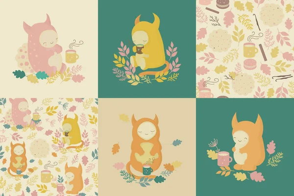Set Kids Cartoon Illustrations Seamless Patterns Cute Monsters Mugs Tea — Stok Vektör