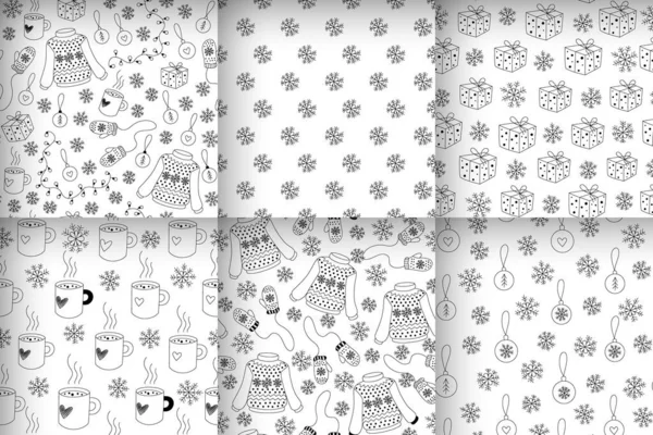 Set Cozy Cartoon Christmas Seamless Patterns Sweaters Mittens Snowflakes Gifts — Stock Vector