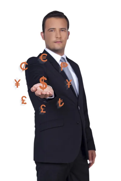 Businessman presents world money icons — Stock Photo, Image