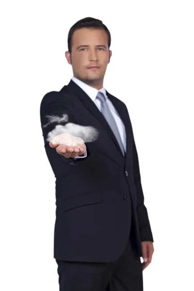 Бізнесмен представляє хмарні технології — стокове фото