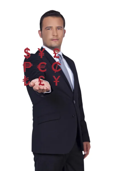 Geschäftsmann und Ikonen des Weltgeldes — Stockfoto