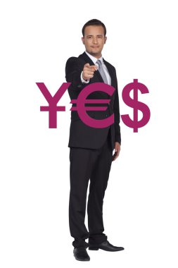 iş adamı ve dünya para simgeleri