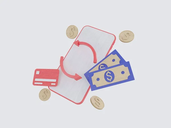 Pakiety gotówki i pływające monety fioletowe - różowe na szarym tle. Ilustracja 3D — Zdjęcie stockowe