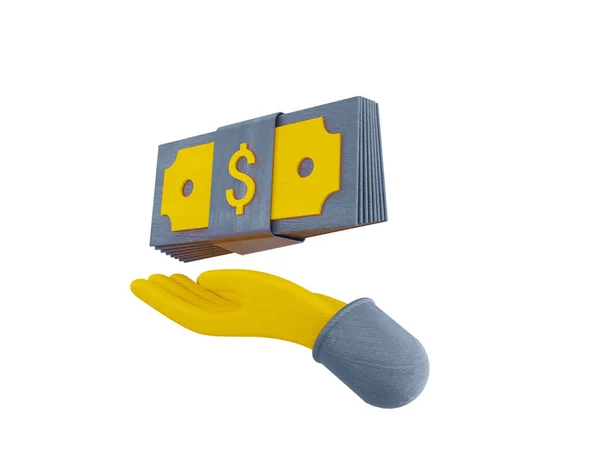 Pakiety gotówki i pływające monety żółte na szarym tle. Ilustracja 3D — Zdjęcie stockowe
