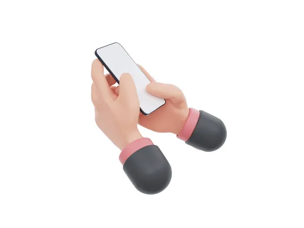 3D 카툰 핸드는 백인 배경에서 분리 된 스마트폰을 들고 있고 핸드는 휴대 전화 흉내를 사용 한다. 3d 의 예 — 스톡 사진