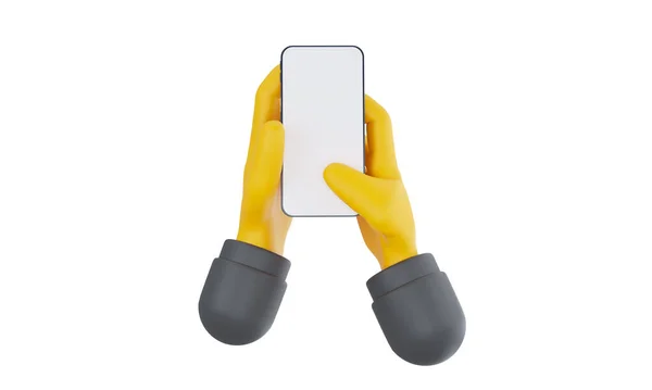 3D Cartoon Hand hält Smartphone isoliert auf weißem Hintergrund, Hand mit Handy-Attrappe. 3D-Darstellung — Stockfoto