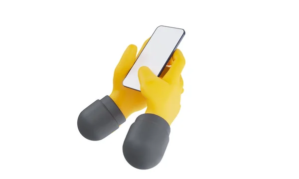 3D Tecknad hand hålla smartphone isolerad på vit bakgrund, Hand med hjälp av mobiltelefon mockup. 3D-återgivning illustration — Stockfoto