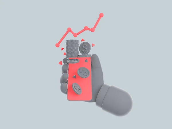 Ikoner. hand med telefonen. buntar med kontanter och flytande röda mynt på en grå bakgrund. 3D-illustration — Stockfoto