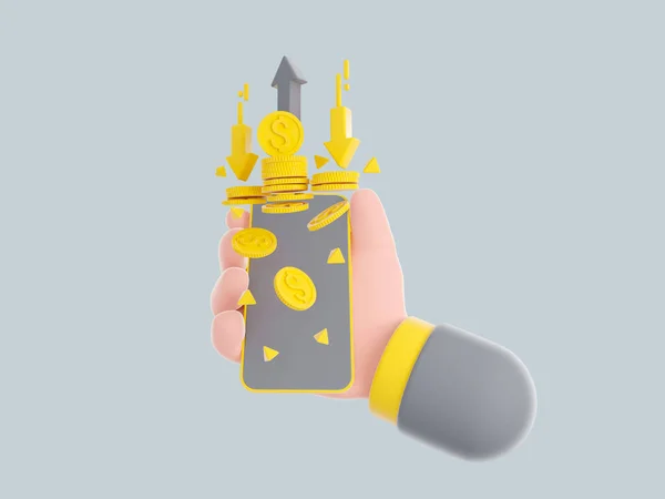 Πακέτα μετρητών και πλωτά κέρματα κίτρινο σε γκρι φόντο. 3D εικονογράφηση — Φωτογραφία Αρχείου