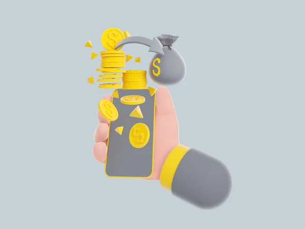Pakiety gotówki i pływające monety żółte na szarym tle. Ilustracja 3D — Zdjęcie stockowe