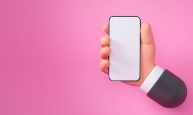Üç boyutlu çizgi film karakteri, pembe arka planda izole edilmiş akıllı telefonu, cep telefonu modelini kullanan eli tutuyor. 3d resimleme 