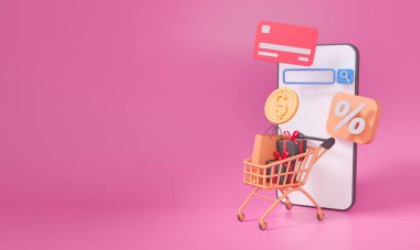 3D illüstrasyon, renkli bir arkaplanda izole edildi. Shopp App.Online alışveriş konseptiyle el ele tutuşan akıllı telefon. Kredi kartıyla e-cüzdan yoluyla ödeme..