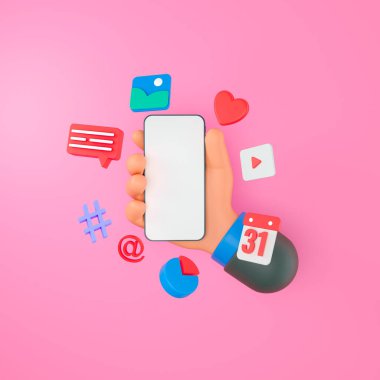 3D Çevrimiçi Sosyal medya iletişim platformu konsepti. Emoji, yorum, sevgi ve simgelerle el ele tutuşmak. 3d resimleme