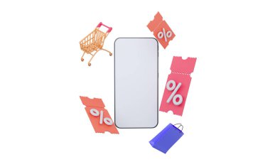 Cep telefonu kuponlu maketi. Bir alışveriş sepetiyle. 3d resimleme