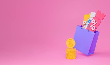 Promosyon kodu kavramı. Alışveriş çantasında kupon var. Bozuk paralarla. Promosyon, pazarlama ve sosyal medya reklamları için. 3d resimleme