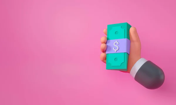 Ręka 3D trzymająca banknot na różowym tle, oszczędzająca pieniądze, płatności online i koncepcja płatności. Ilustracja 3D renderowania — Zdjęcie stockowe