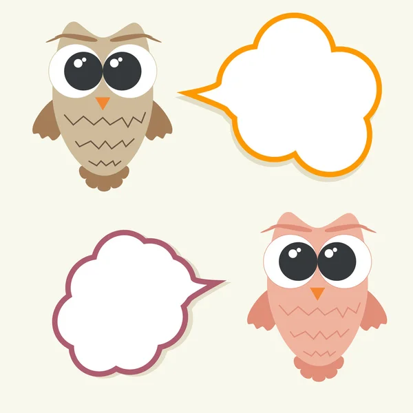 Set og talking owls with speech bubbles for sticker — Stock Vector