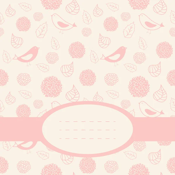 Cartão rosa bonito com pássaros, folhas e flores — Vetor de Stock