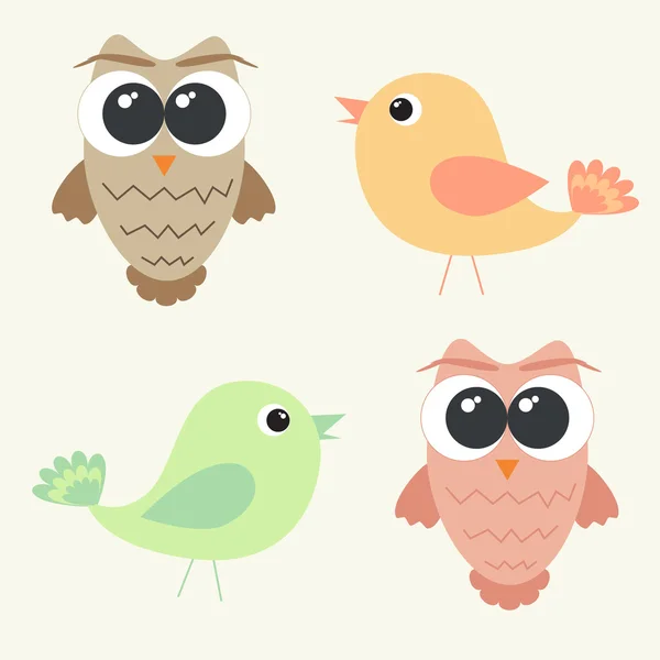 Conjunto de adorables búhos y lindos pájaros — Vector de stock