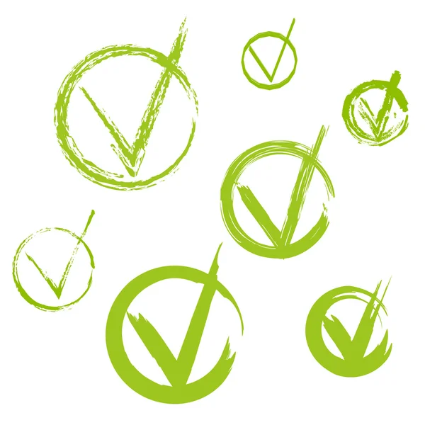 Conjunto de marcas de verificación dibujadas a mano, bocetos, acuarelas y marcas de comprobación verde ecológico grunge para su sitio web de negocios — Vector de stock