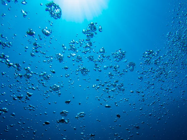 Buborékok az óceánban, emelkedik a felszínre a búvár — Stock Fotó
