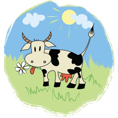 Funny cartoon cow on green grass