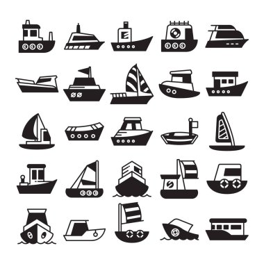 çeşitli gemi türleri; gemi, sürat teknesi, kargo gemisi, mavna, römorkör, kalyon, feribot ve yat