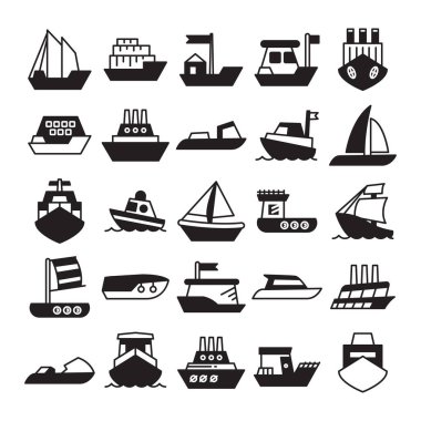 çeşitli gemi türleri; gemi, sürat teknesi, kargo gemisi, mavna, römorkör, kalyon, feribot ve yat