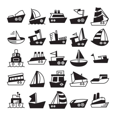 çeşitli gemi türleri; gemi, sürat teknesi, kargo gemisi, mavna, römorkör, kalyon, feribot ve yat