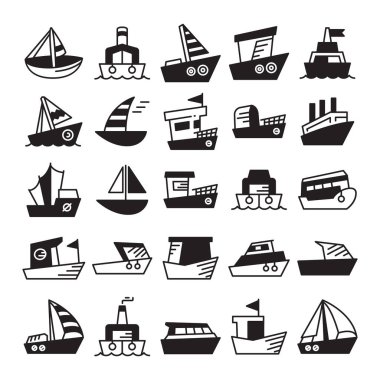 çeşitli gemi türleri; gemi, sürat teknesi, kargo gemisi, mavna, römorkör, kalyon, feribot ve yat