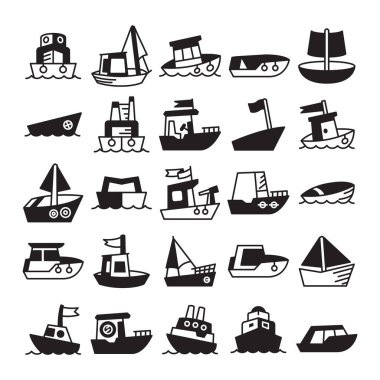 çeşitli gemi türleri; gemi, sürat teknesi, kargo gemisi, mavna, römorkör, kalyon, feribot ve yat